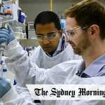 University of Sydney professor of cardiology Sean Lal, left, and lead of translational research at the Baird Institute Dr Robert Hume in the Charles Perkins Centre lab. Image Credit: Kate Geraghty (SMH)